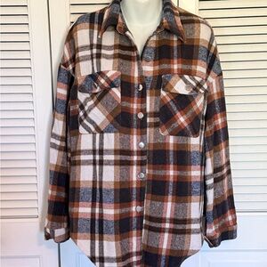 Plaid Button-Front Shacket in Brown & Cream
